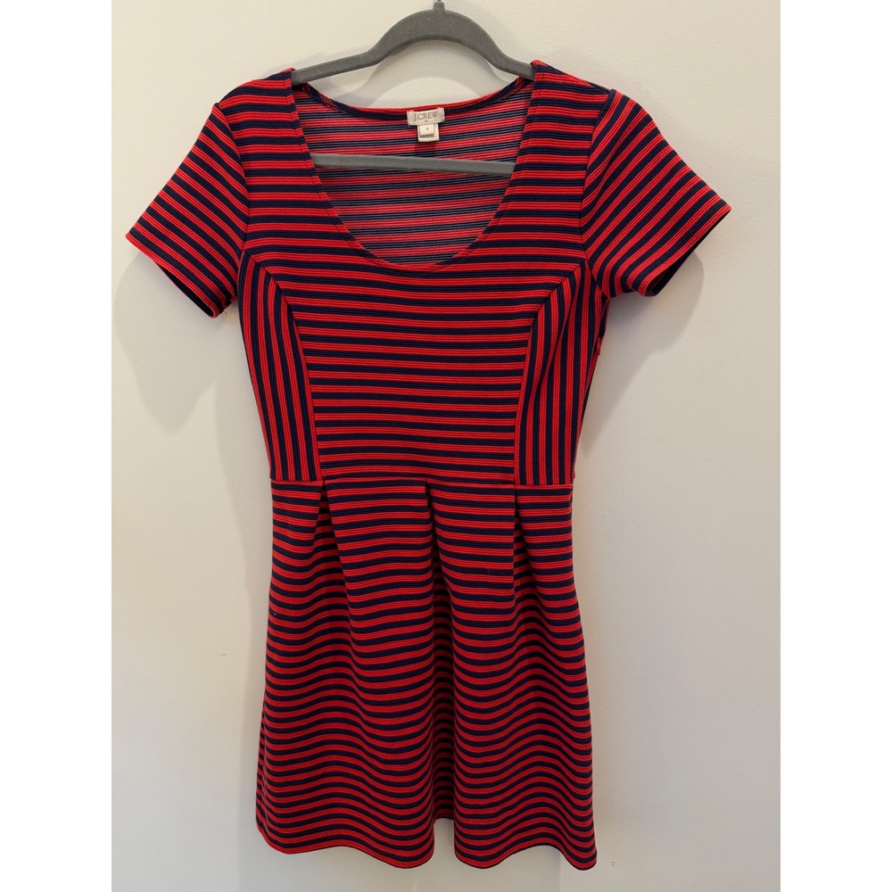 J.Crew Red Navy Blue Striped Fit Flare Dress Short Sleeve Scoop Neck 4